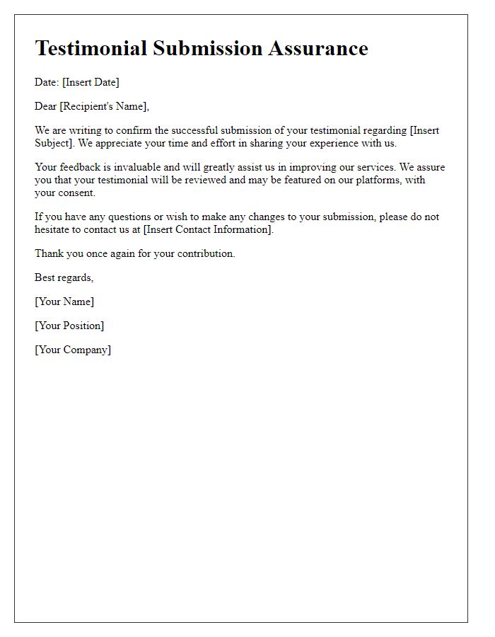 Letter template of assurance for successful testimonial submission