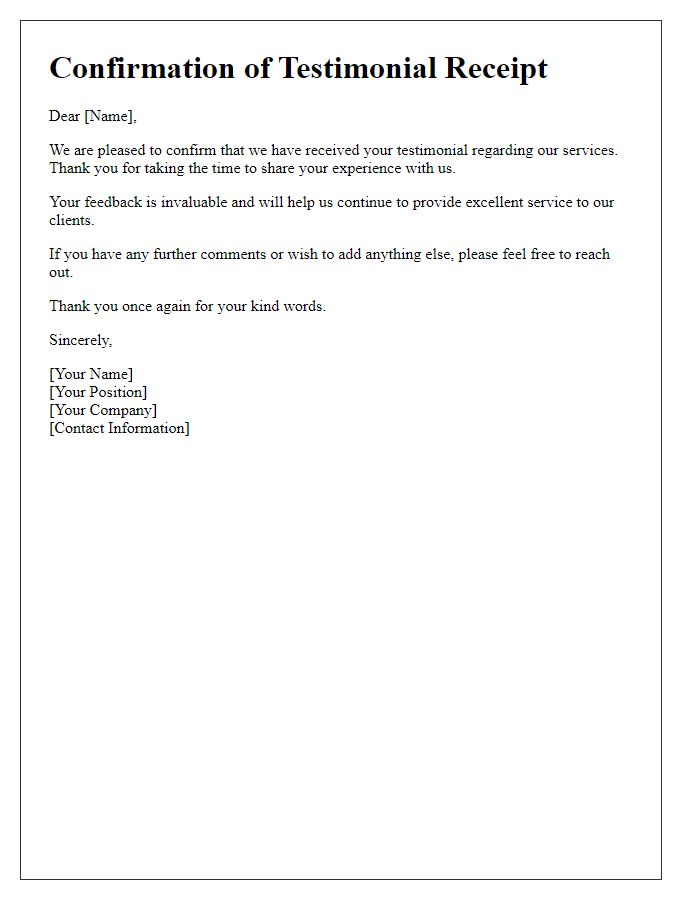 Letter template of confirmation for received testimonial