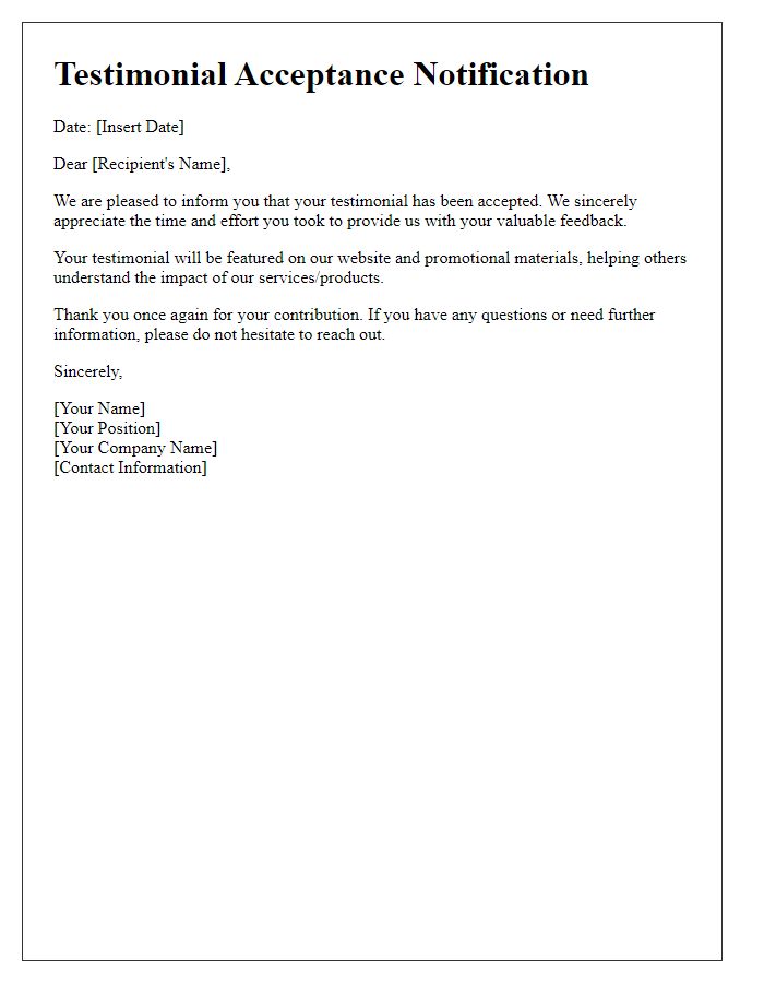 Letter template of notification for testimonial acceptance