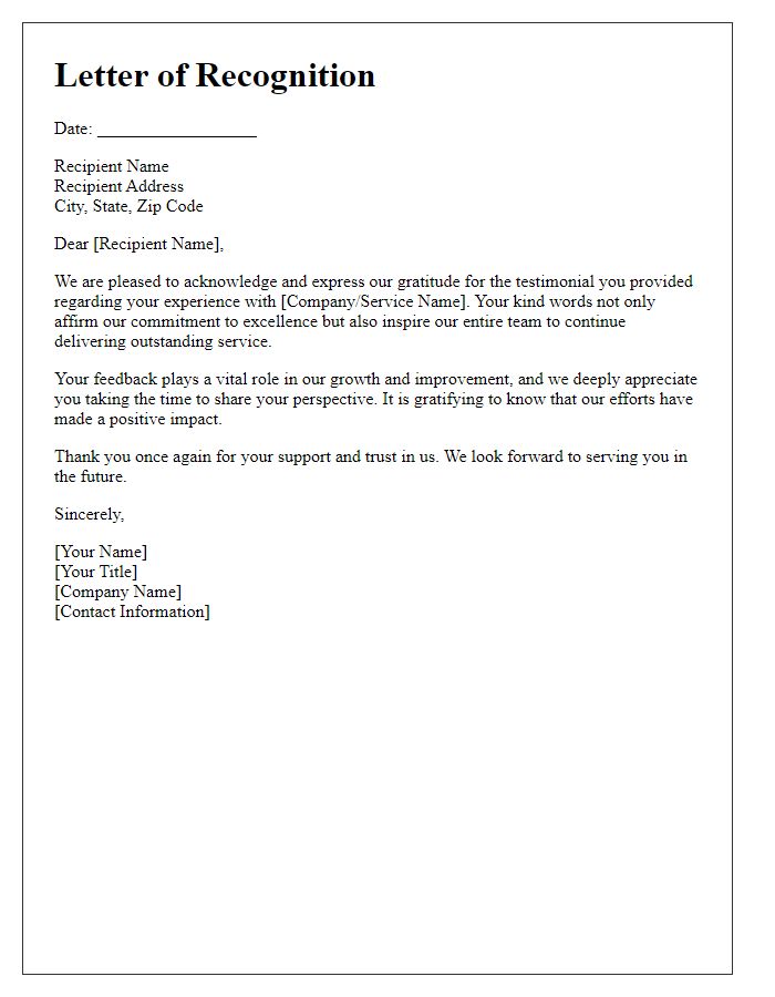 Letter template of recognition for your testimonial written