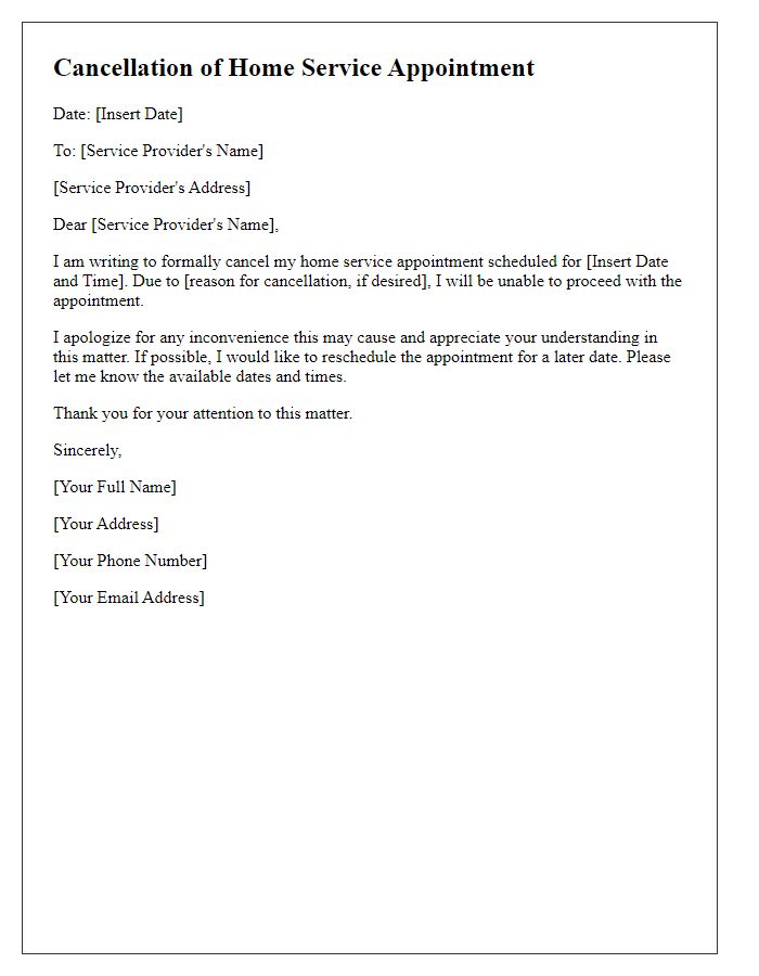 Letter template of cancellation for home service appointment.