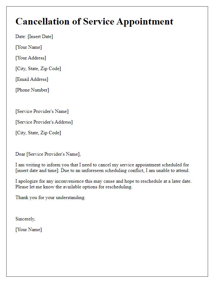 Letter template of cancellation for a service appointment due to scheduling conflict.