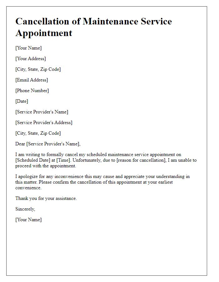 Letter template of formal cancellation for a maintenance service appointment.