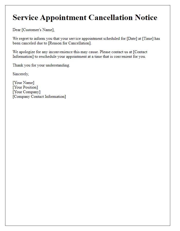 Letter template of notification for canceling a service appointment.