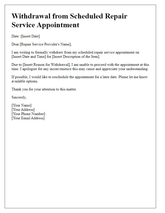 Letter template of withdrawal from scheduled repair service appointment.