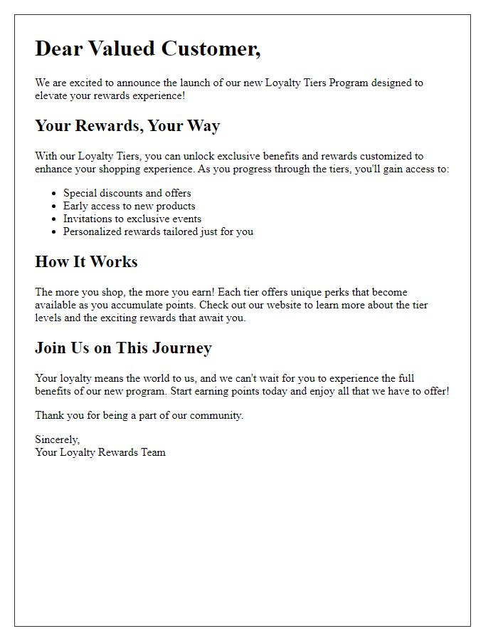 Letter template of Elevating Your Rewards Experience with Loyalty Tiers