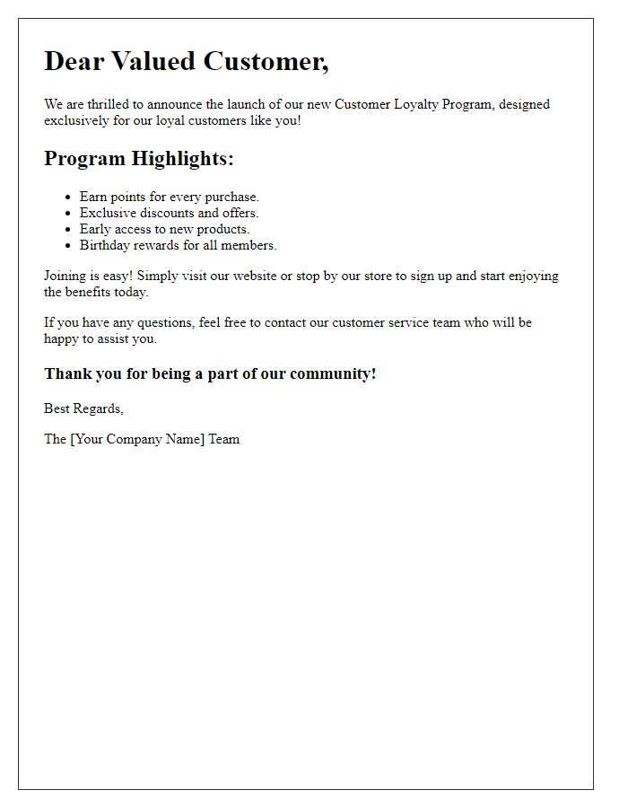 Letter template of Introducing Our Exciting Customer Loyalty Program