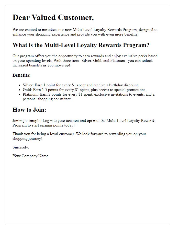 Letter template of Introducing Multi-Level Loyalty Rewards