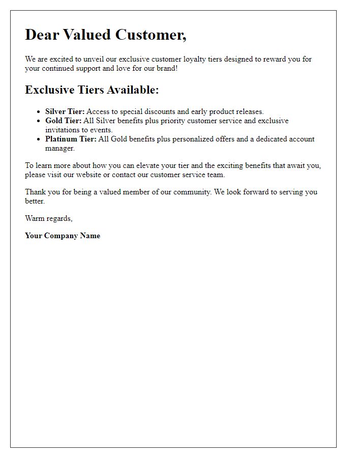 Letter template of Unveiling Our Exclusive Customer Loyalty Tiers