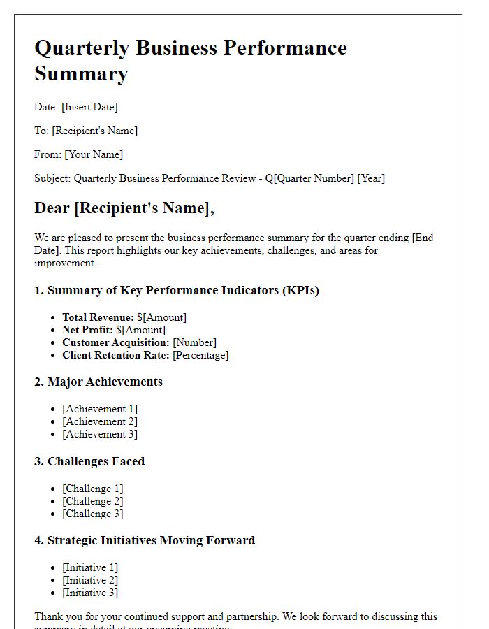 Letter template of quarterly business performance summary