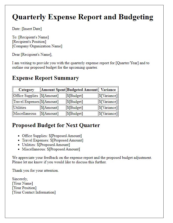 Letter template of quarterly expense report and budgeting