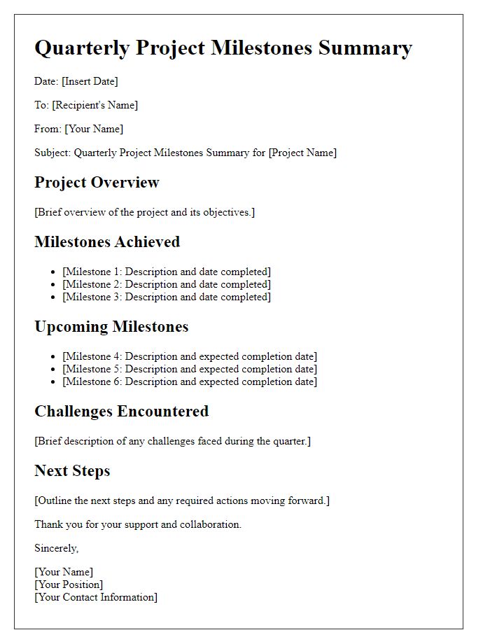 Letter template of quarterly project milestones summary