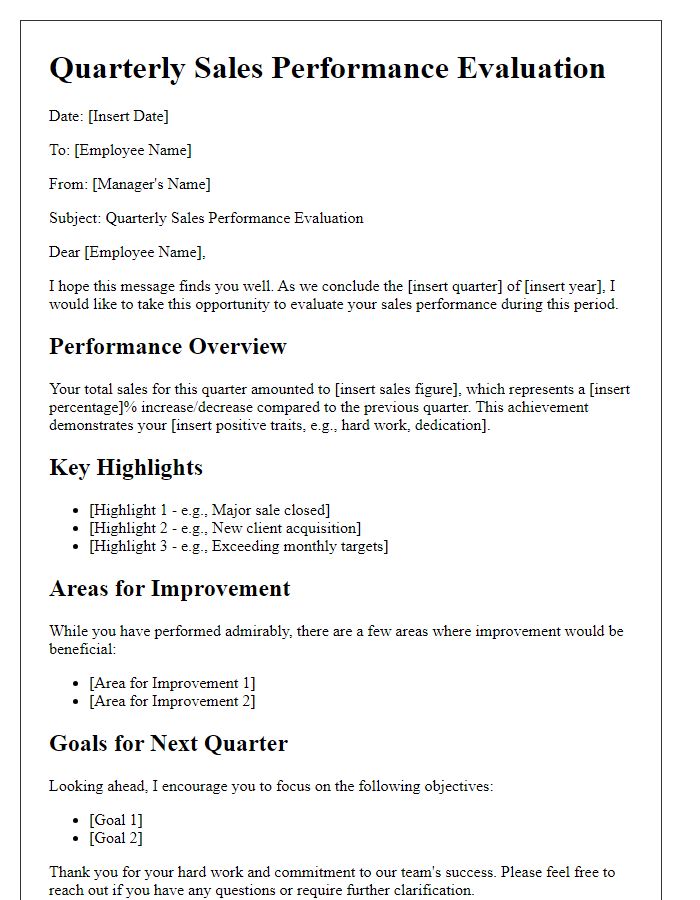 Letter template of quarterly sales performance evaluation