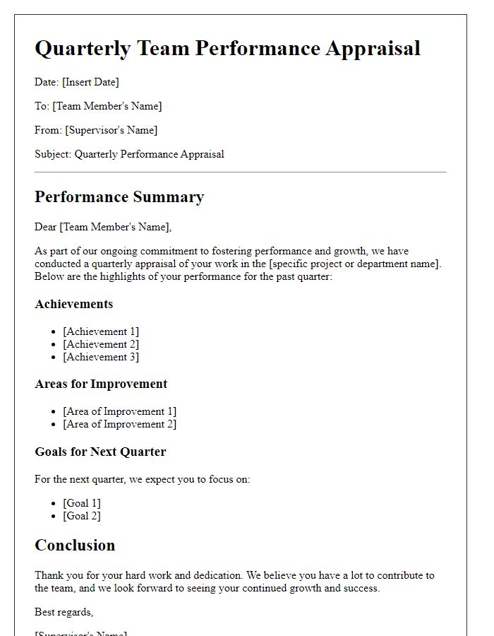 Letter template of quarterly team performance appraisal