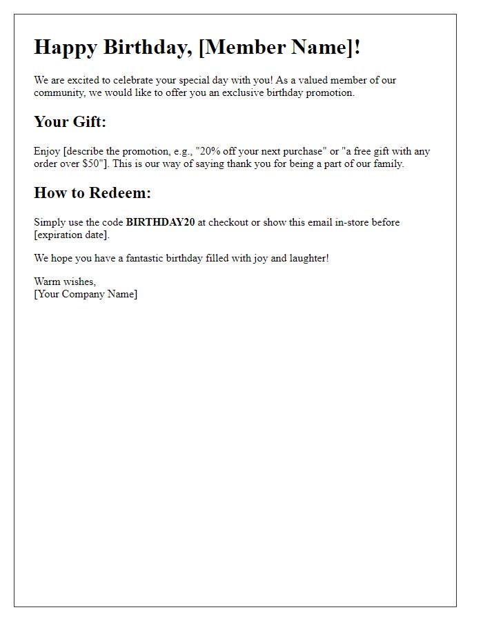 Letter template of exclusive birthday promotion for members