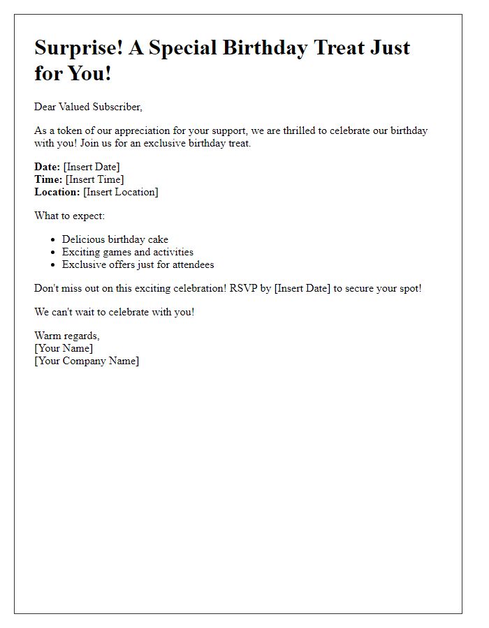 Letter template of surprise birthday treat for email list subscribers