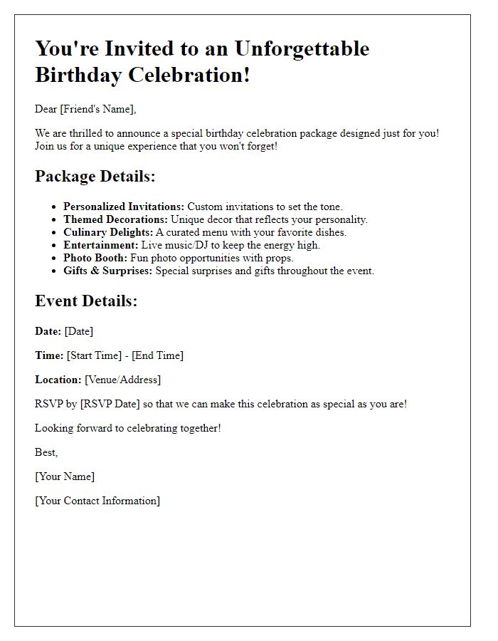 Letter template of unique birthday celebration package for friends