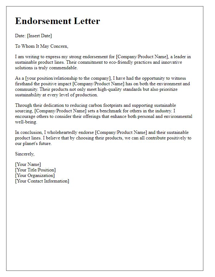 Letter template of endorsement for sustainable product lines