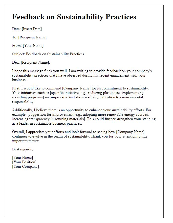 Letter template of feedback on sustainability practices in businesses