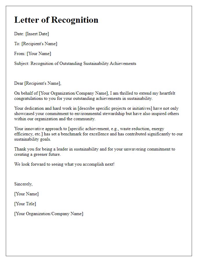 Letter template of recognition for outstanding sustainability achievements