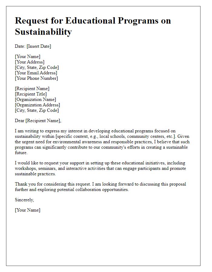 Letter template of request for educational programs on sustainability