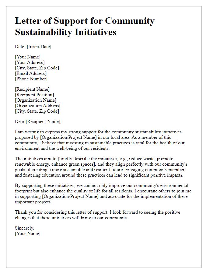 Letter template of support for community sustainability initiatives