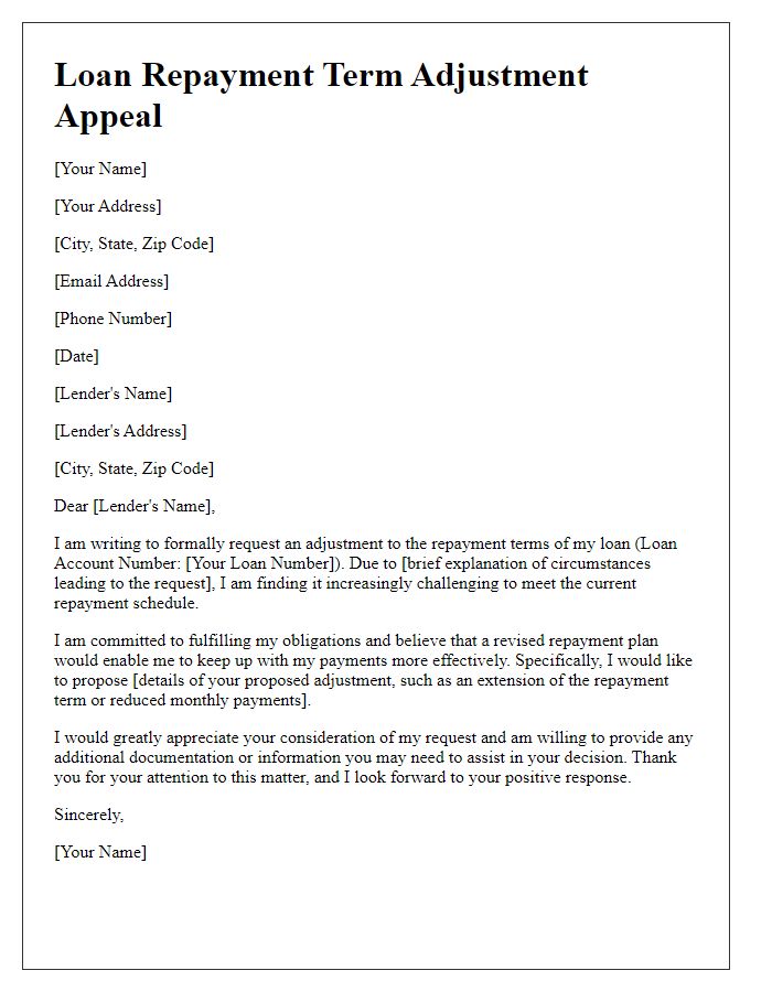 Letter template of appeal for loan repayment term adjustment