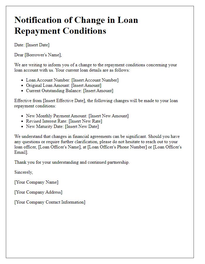 Letter template of notification for changing loan repayment conditions