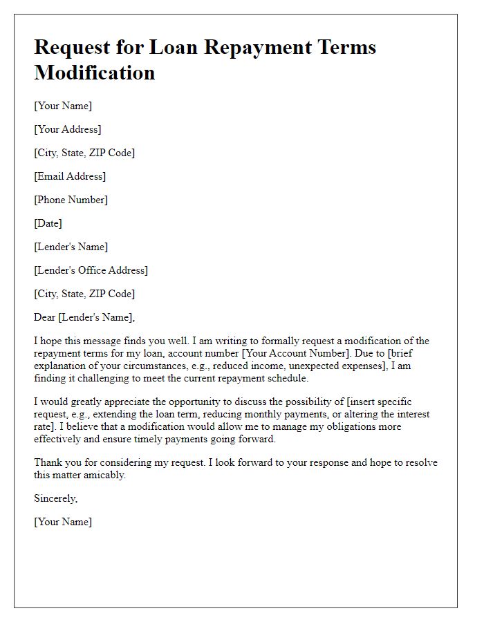 Letter template of request for loan repayment terms modification