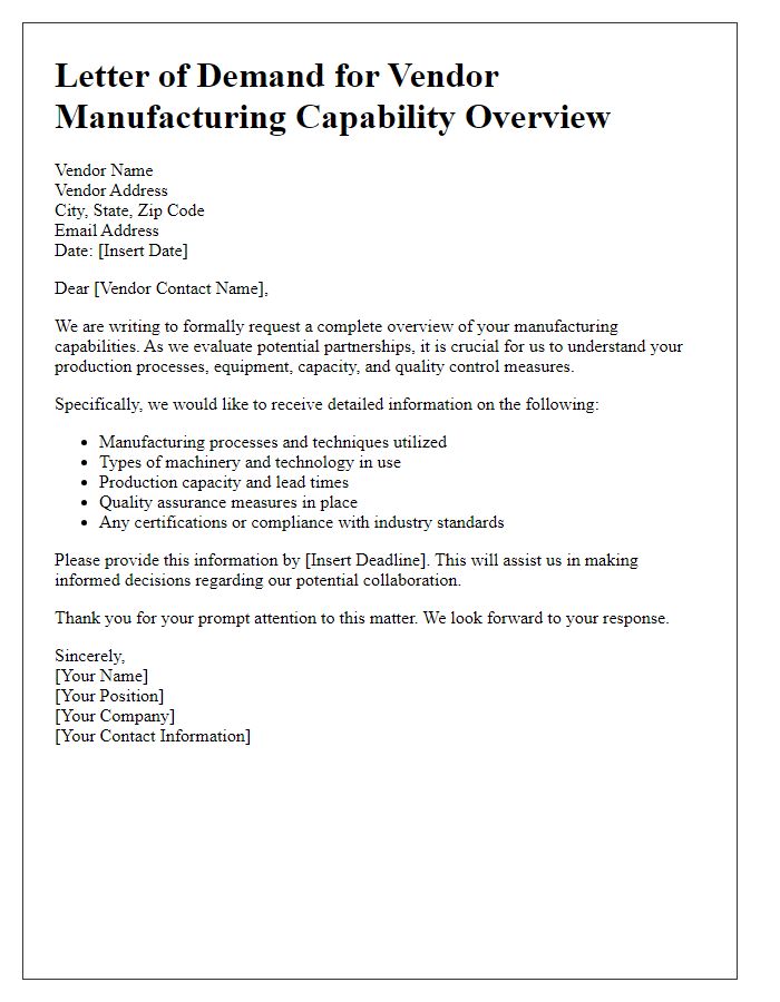 Letter template of demand for vendor manufacturing capability overview