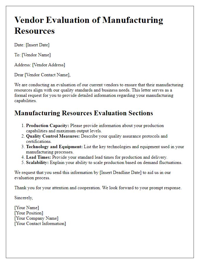 Letter template of evaluation of vendor manufacturing resources