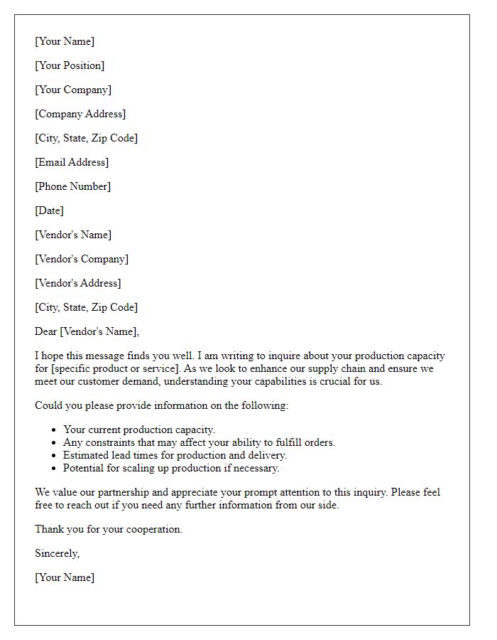 Letter template of query about vendor's production capacity