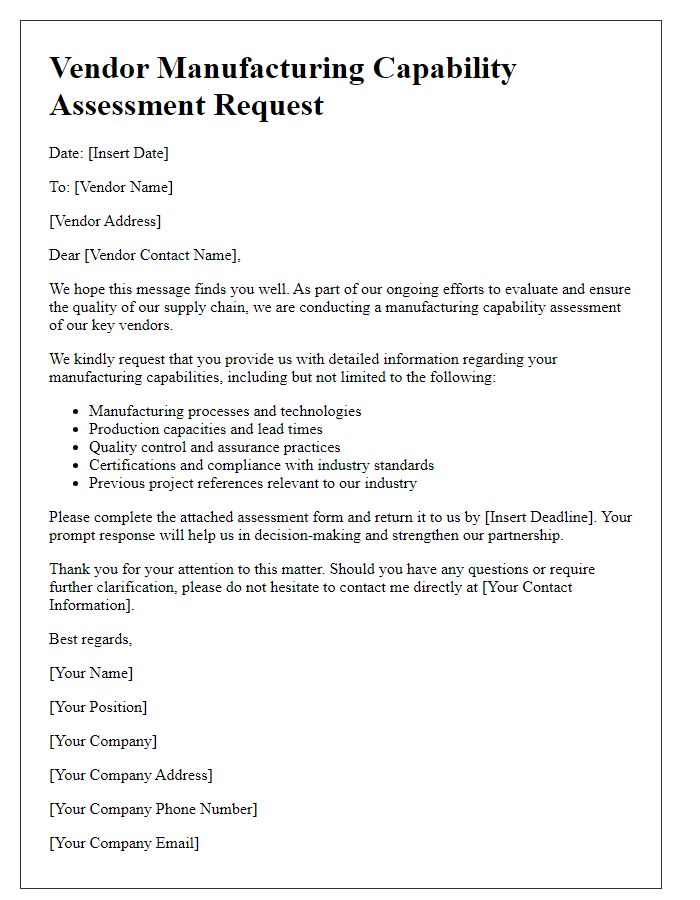 Letter template of vendor manufacturing capability assessment request