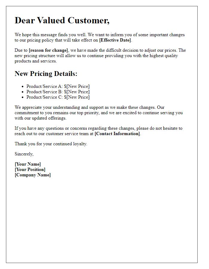 Letter template of changes to our pricing policy.