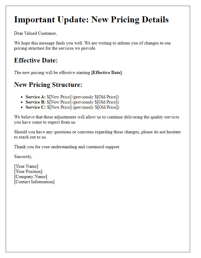 Letter template of new pricing details for our services.