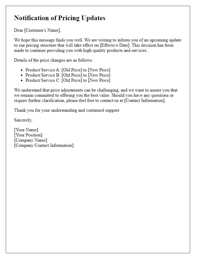 Letter template of notification regarding pricing updates.