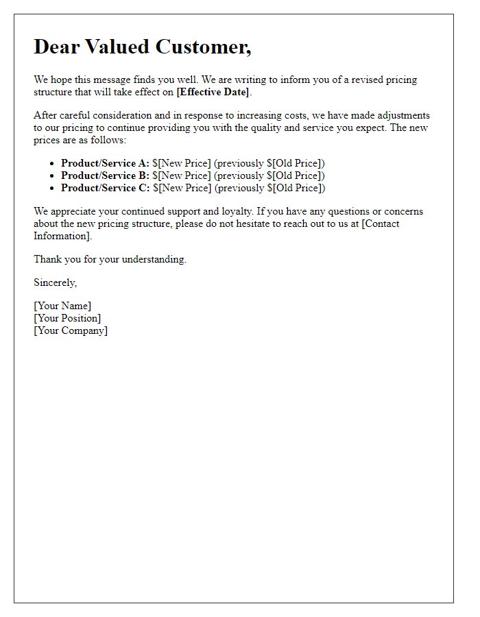 Letter template of revised pricing structure announcement.