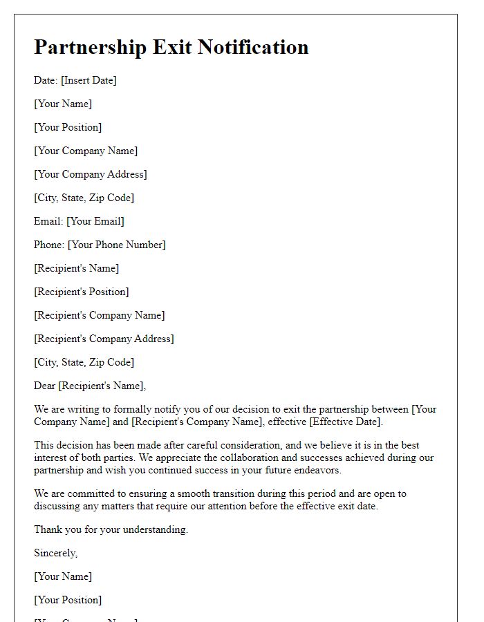 Letter template of formal partnership exit notification.