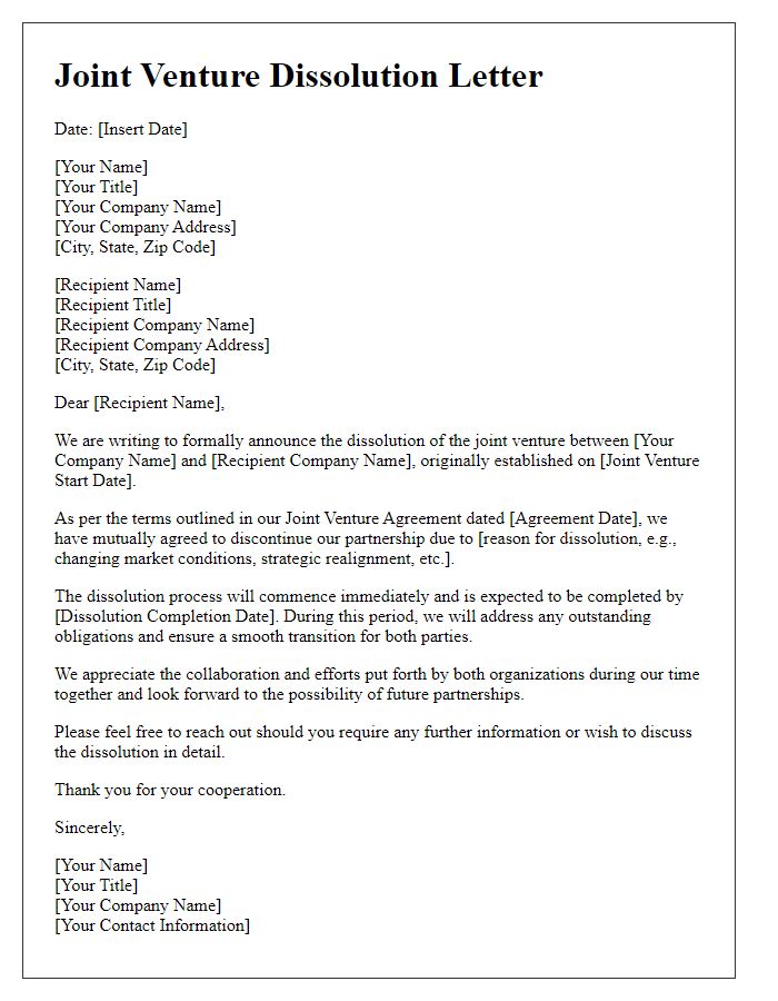 Letter template of joint venture dissolution letter.