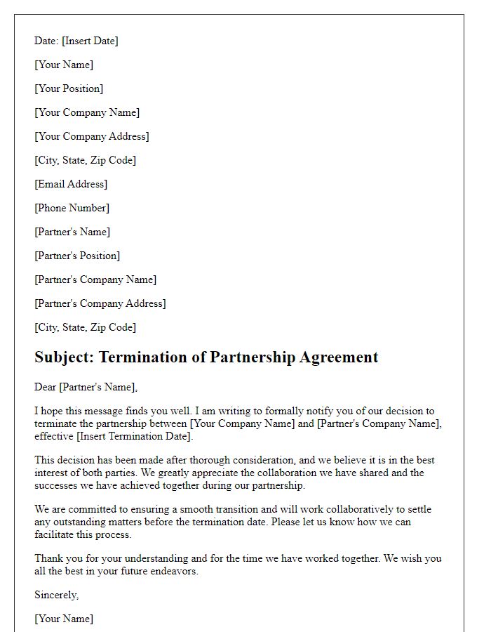 Letter template of partnership termination communication.