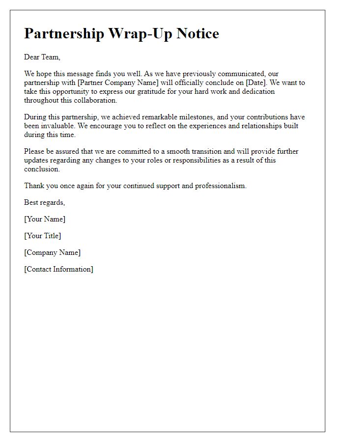 Letter template of partnership wrap-up notice to employees.