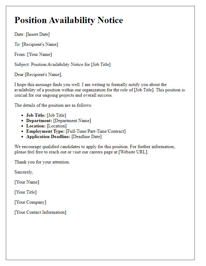 Letter template of Position Availability Notice