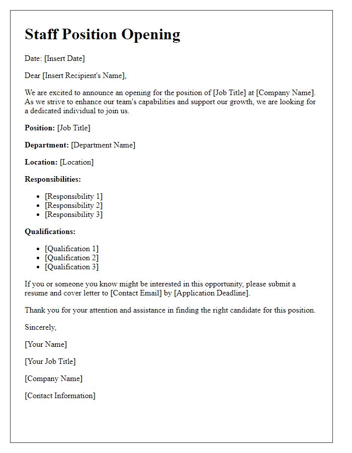 Letter template of Staff Position Opening