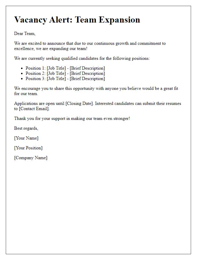 Letter template of Vacancy Alert for Team Expansion