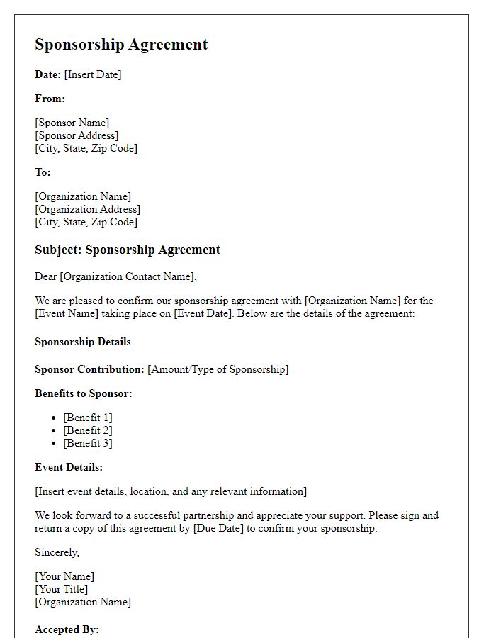 Letter template of sponsorship agreement details