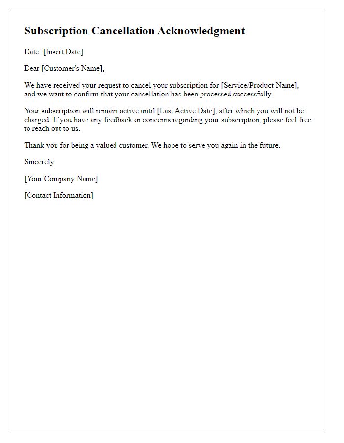 Letter template of acknowledgment for cancellation of subscription.