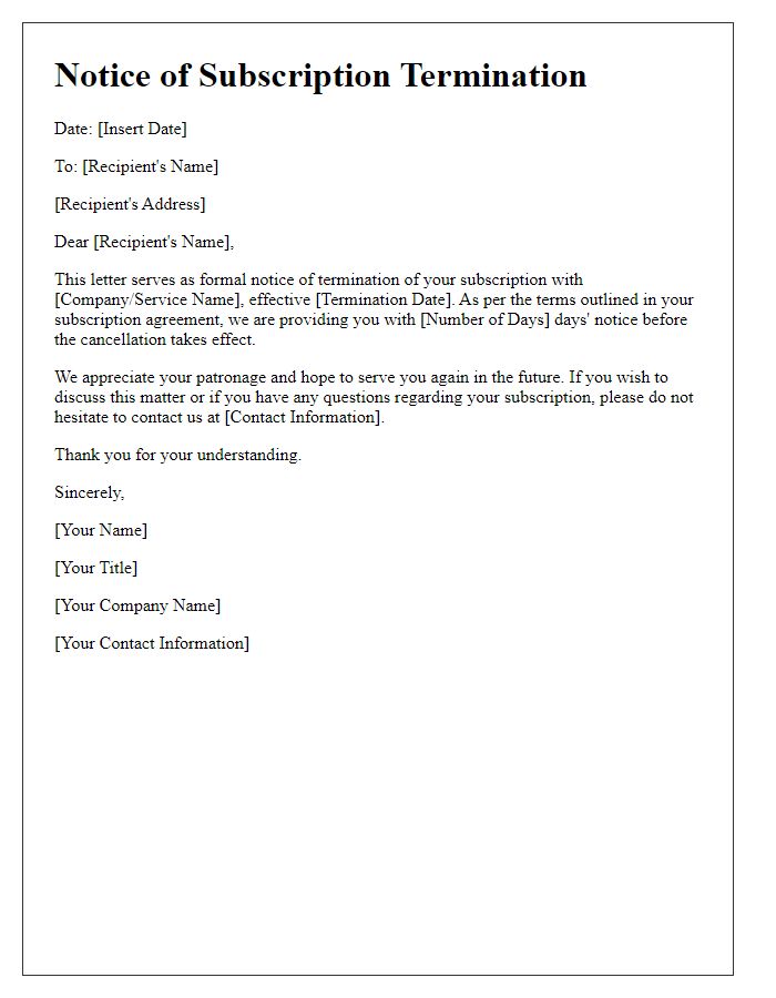 Letter template of notice for subscription termination.