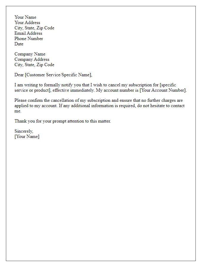 Letter template of official cancellation notice for subscription.