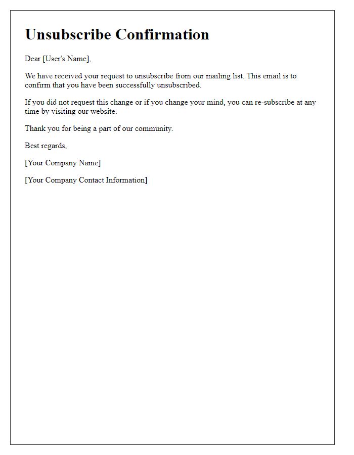 Letter template of unsubscribe confirmation.