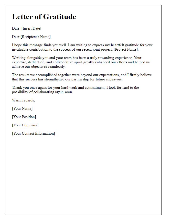 Letter template of gratitude for joint project success.